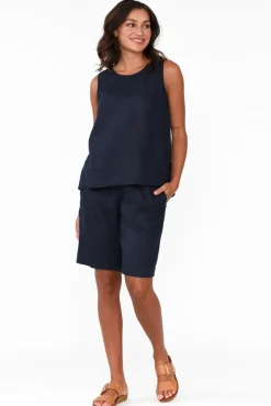 Linen Tops<Gordon Smith Bianca Navy Linen Button Back Tank