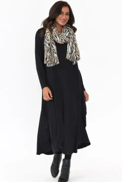 Midi Dresses<Tani Black Long Sleeved Micro Modal Drape Dress