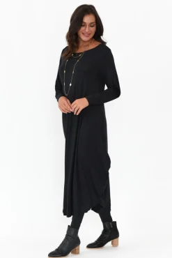 Midi Dresses<Tani Black Long Sleeved Micro Modal Drape Dress