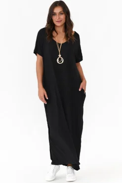 Cotton Dresses<Cotton Village Black Pocket Crinkle Cotton Draped Dress