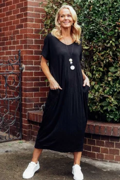 Cotton Dresses<Cotton Village Black Pocket Crinkle Cotton Draped Dress