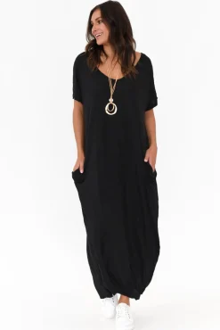 Cotton Dresses<Cotton Village Black Pocket Crinkle Cotton Draped Dress