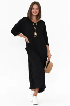 Cotton Dresses<Cotton Village Black Sleeved Pocket Crinkle Cotton Dress