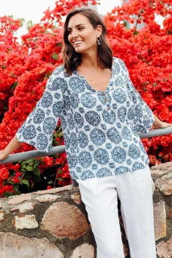 Cotton Tops<Namastai Blaise Navy Fiesta Cotton Button Top