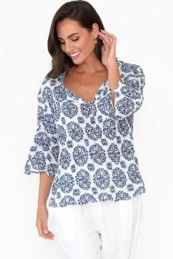 Cotton Tops<Namastai Blaise Navy Fiesta Cotton Button Top