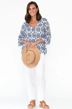 Cotton Tops<Namastai Blaise Navy Fiesta Cotton Button Top