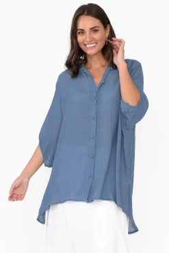 Cotton Tops<Cotton Village Blue Cotton Blend Hi Lo Shirt