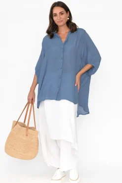 Cotton Tops<Cotton Village Blue Cotton Blend Hi Lo Shirt