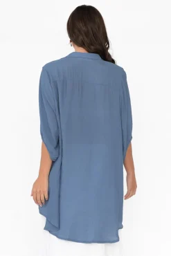 Cotton Tops<Cotton Village Blue Cotton Blend Hi Lo Shirt