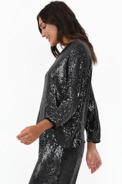 Sleeved Tops<La Strada Braxton Black Sequin V Neck Top