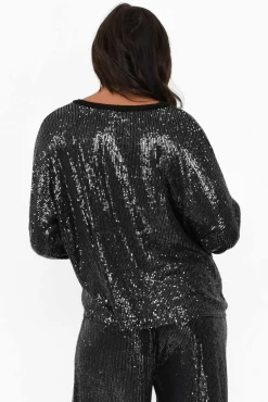 Sleeved Tops<La Strada Braxton Black Sequin V Neck Top