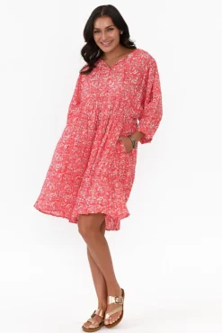 Cotton Dresses<One Summer Brenna Red Flower Cotton Button Dress