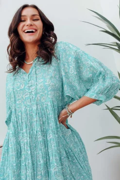 Cotton Dresses<One Summer Brenna Teal Flower Cotton Button Dress