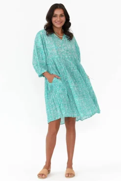 Cotton Dresses<One Summer Brenna Teal Flower Cotton Button Dress