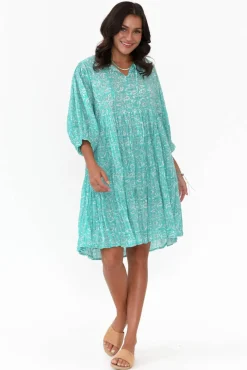 Cotton Dresses<One Summer Brenna Teal Flower Cotton Button Dress
