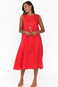 Midi Dresses<Tirelli Brielle Red Linen Dress