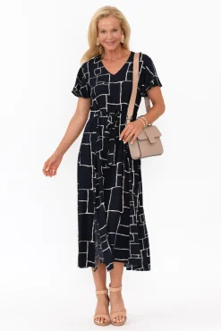 Midi Dresses<Slate the Label Brylee Navy Geo Tie Dress