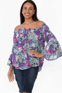 Sleeved Tops<New U Collection Budapest Purple Tropical Off Shoulder Top