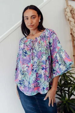 Sleeved Tops<New U Collection Budapest Purple Tropical Off Shoulder Top