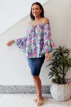 Sleeved Tops<New U Collection Budapest Purple Tropical Off Shoulder Top