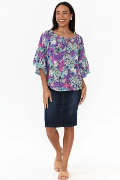 Sleeved Tops<New U Collection Budapest Purple Tropical Off Shoulder Top