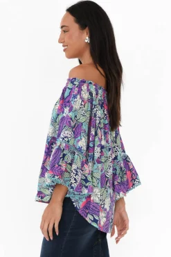 Sleeved Tops<New U Collection Budapest Purple Tropical Off Shoulder Top