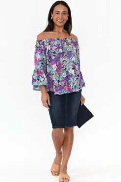 Sleeved Tops<New U Collection Budapest Purple Tropical Off Shoulder Top