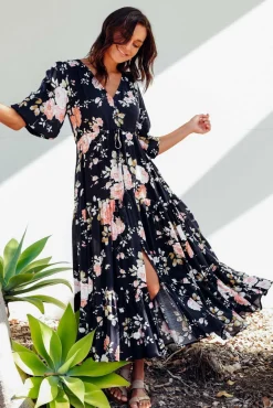 Sleeved Dresses<Silver Wishes Butler Navy Blossom Tie Maxi Dress