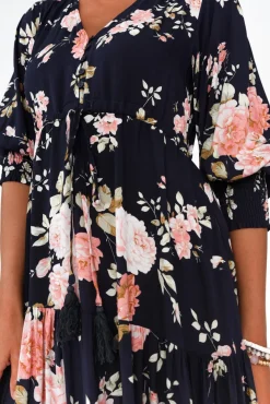 Sleeved Dresses<Silver Wishes Butler Navy Blossom Tie Maxi Dress