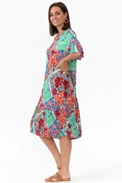 Above Knee Dresses<One Summer Calla Aqua Geometric Crinkle Dress