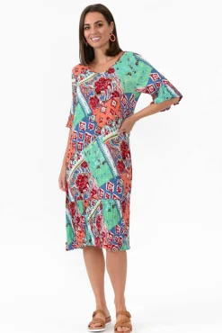 Above Knee Dresses<One Summer Calla Aqua Geometric Crinkle Dress
