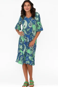 Below Knee Dresses<One Summer Calla Blue Paisley Crinkle Dress