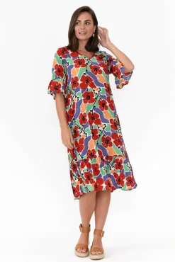 Below Knee Dresses<One Summer Calla Red Flower Crinkle Dress
