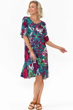 Above Knee Dresses<One Summer Calla Teal Mosaic Crinkle Dress