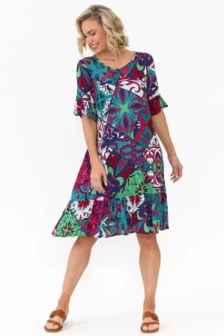 Above Knee Dresses<One Summer Calla Teal Mosaic Crinkle Dress