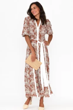 Maxi Dresses<Once Was Cambria Bronze Embroidered Puff Sleeve Dress