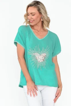 Linen Tops<Fabuler Candela Blue Sequin Heart Linen Top