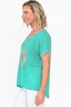 Linen Tops<Fabuler Candela Blue Sequin Heart Linen Top