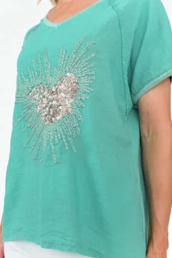 Linen Tops<Fabuler Candela Blue Sequin Heart Linen Top