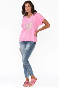 Linen Tops<Fabuler Candela Pink Sequin Heart Linen Top