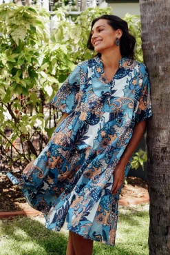 Below Knee Dresses<Mozaic Castaway Blue Blossom Cotton Dress