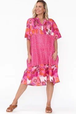 Below Knee Dresses<Mozaic Castaway Pink Tropical Cotton Dress