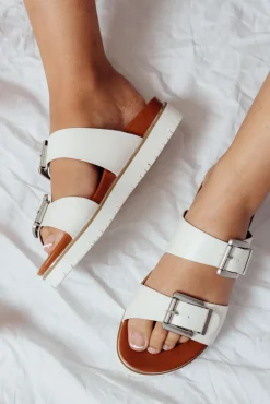 Slides<Los Cabos Cayla White Buckle Platform Slide