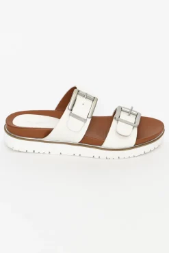 Slides<Los Cabos Cayla White Buckle Platform Slide