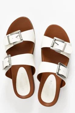 Slides<Los Cabos Cayla White Buckle Platform Slide