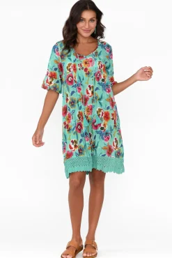 Cotton Dresses<One Summer Cayman Aqua Flower Cotton Tunic Dress