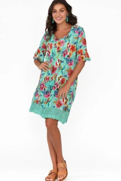 Cotton Dresses<One Summer Cayman Aqua Flower Cotton Tunic Dress