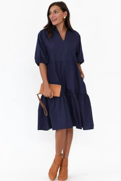 Cotton Dresses<Worthier Cecelia Navy Cotton Poplin Tiered Dress