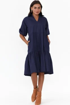 Cotton Dresses<Worthier Cecelia Navy Cotton Poplin Tiered Dress