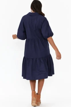 Cotton Dresses<Worthier Cecelia Navy Cotton Poplin Tiered Dress